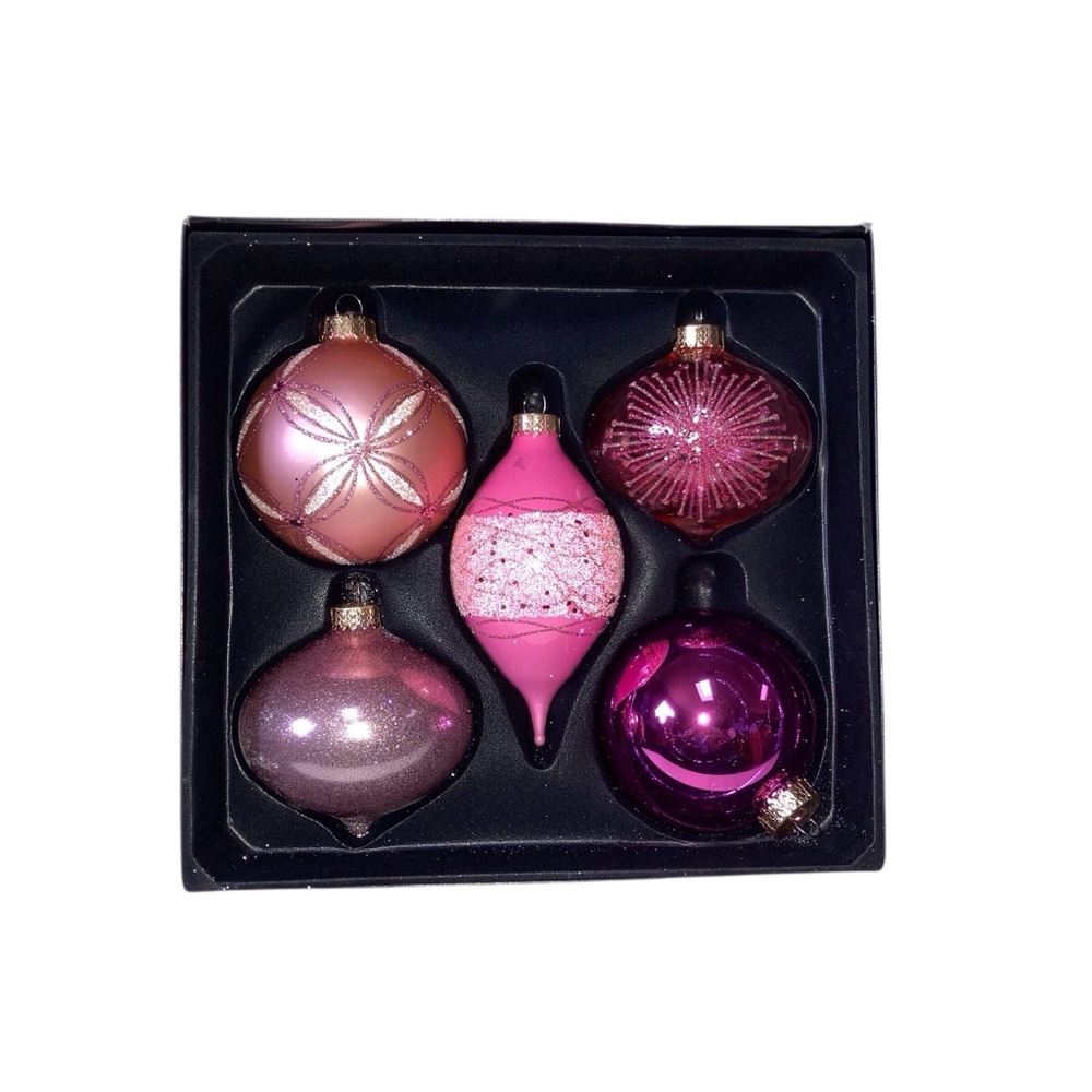 Pink glass Christmas Ornament Set (5) NEW
